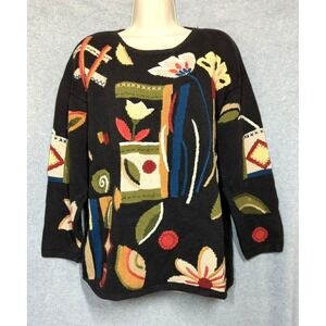Vtg Embroidered Sweater L Big Floral Design 80's Hong Kong Farm House Chic Artsy